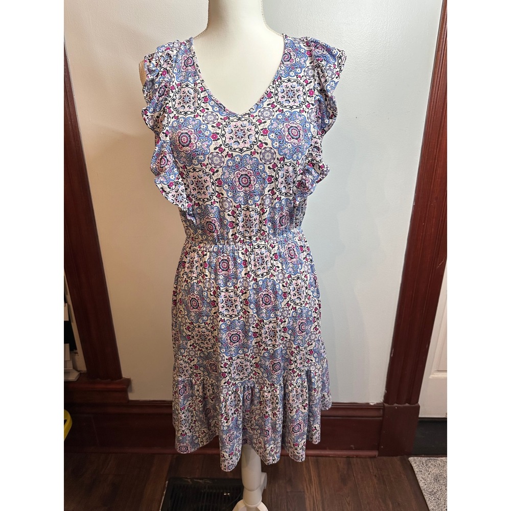 LOFT Womens Medallion Paisley Ruffle Tiered V-Neck Dress Blue Purple Small